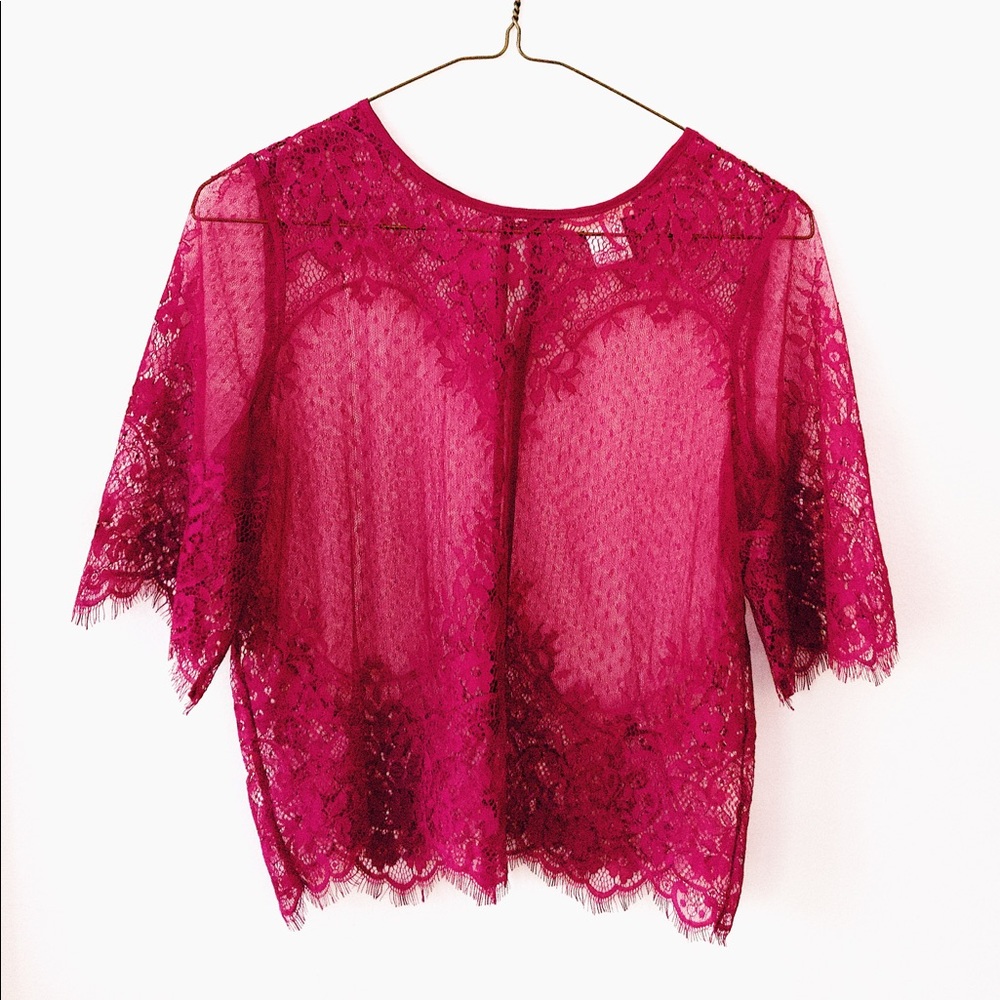 Sheer magenta lace short sleeve blouse